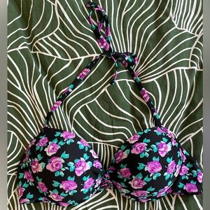 Xhilaration black and purple floral padded bikini top